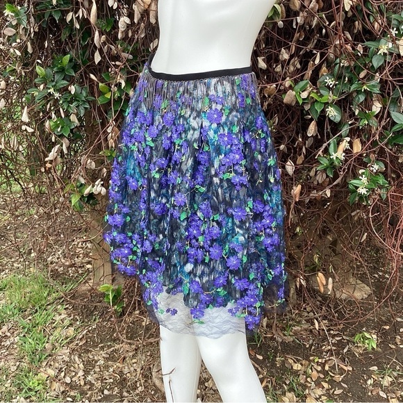 💋Elie Tahari Floral Mesh Metallic Chain Fringe A-Line Flouncy Skirt - Picture 6 of 9